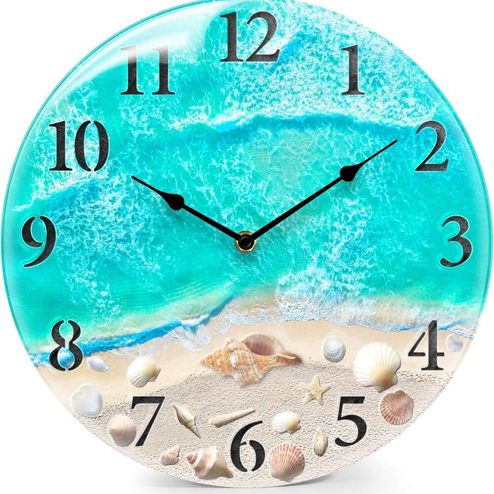 Coastal Nautical Glass Wall Clock with Seashell Design and Aesthetic Beach Theme